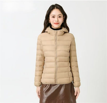 Women's down jacket, short, with hood, light and warm