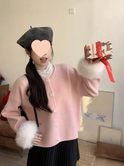 Cardigan with heart buttons and fluffy sleeves