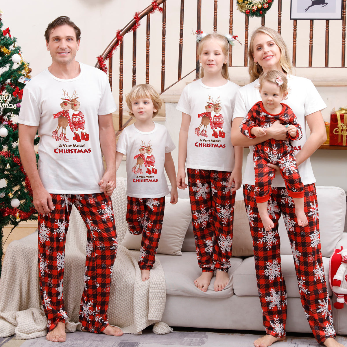 Christmas Family Pajama Set with Check Pattern
