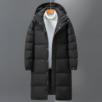 Long, padded men's down jacket with hood