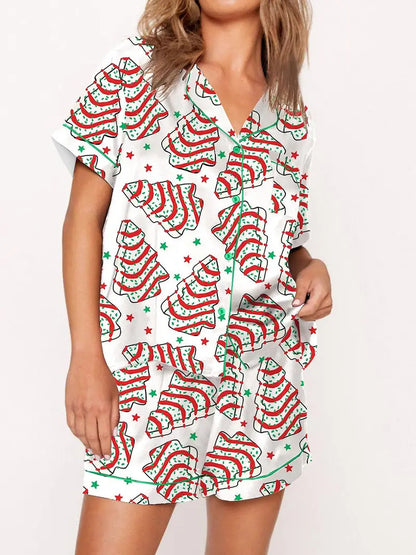 Women's pajamas with Christmas tree print, long sleeve