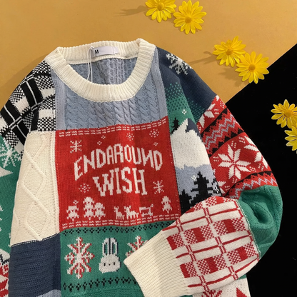 Retro knitted sweater with cable pattern and rabbit application