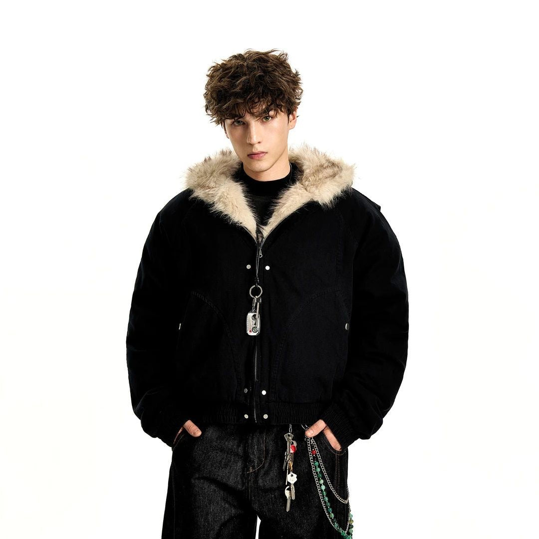 Men's winter jacket, lined, with hood and fur collar