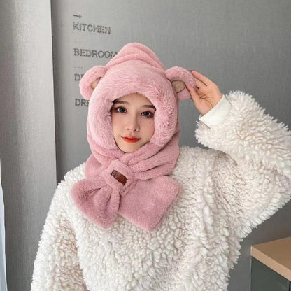 Plush hat with scarf, bear motif, lined