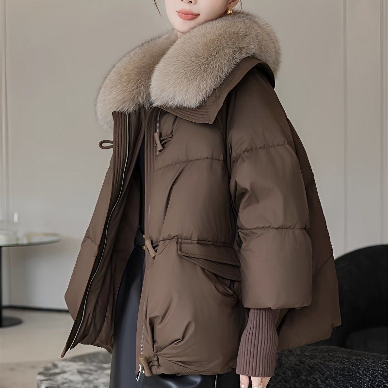 Short women's winter jacket with large lapel collar