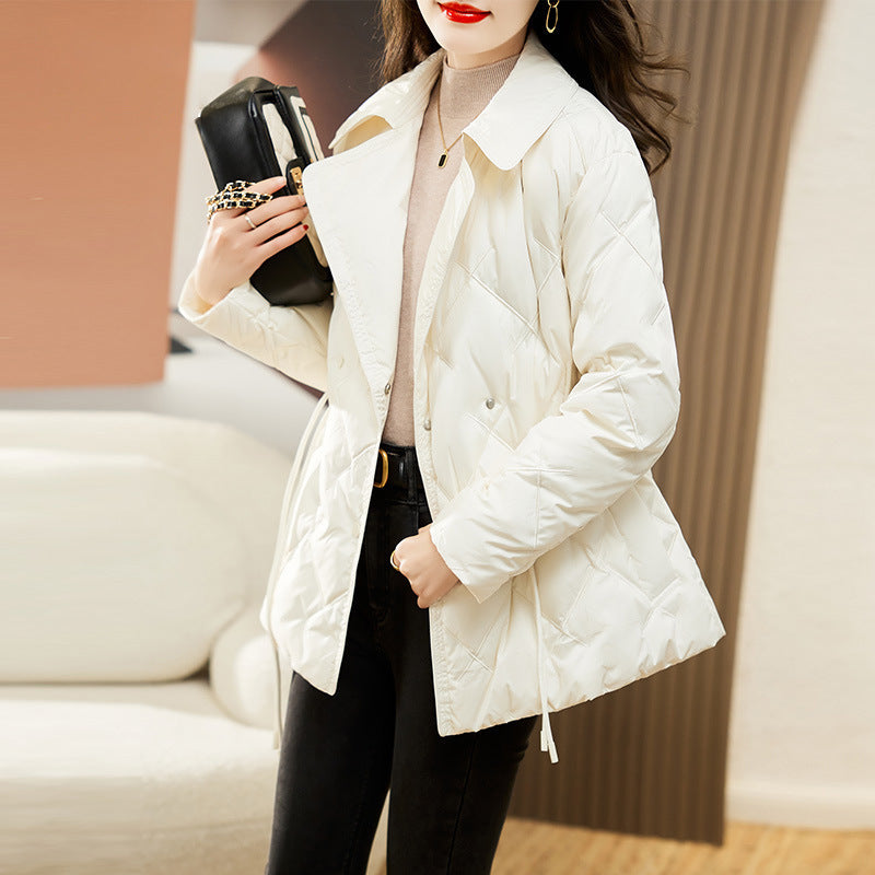 Elegant down jacket with lapel collar and embroidery