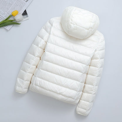 Light women's padded jacket, short, with hood
