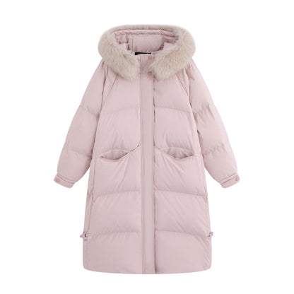 Long women's down jacket in plus size with fur collar