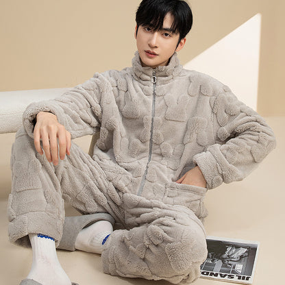 Men's Pajama Set made of coral fleece, warm and with zipper