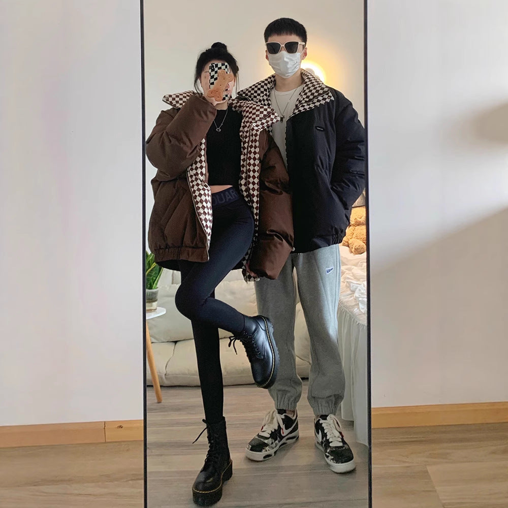 Loose, padded winter jacket with stand-up collar