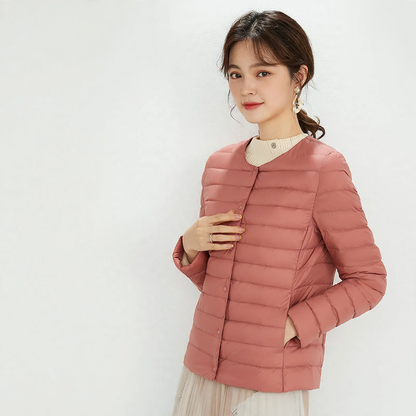 Light women's down jacket, round neck
