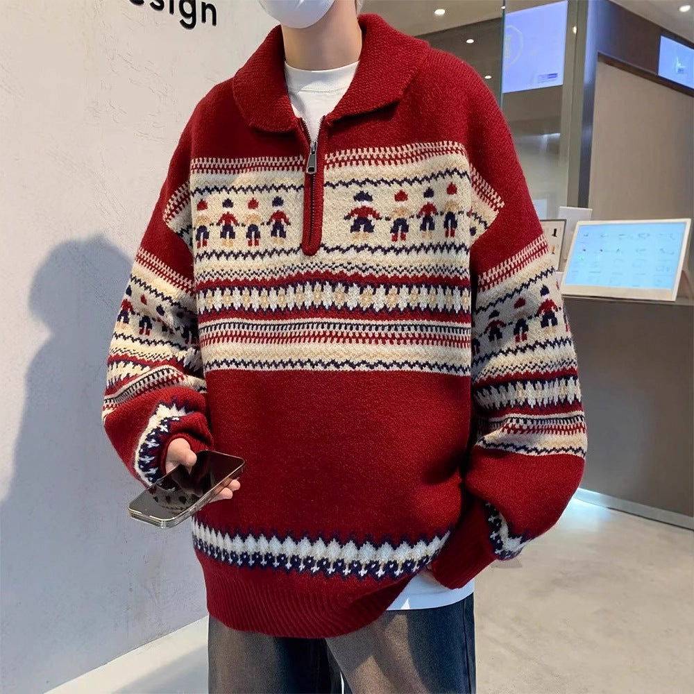 Christmas Knit Sweater, Polo Collar, Vintage Style