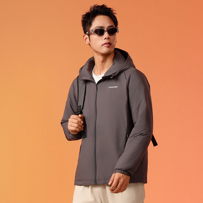 Lightweight outdoor down jacket with hood, white duck down