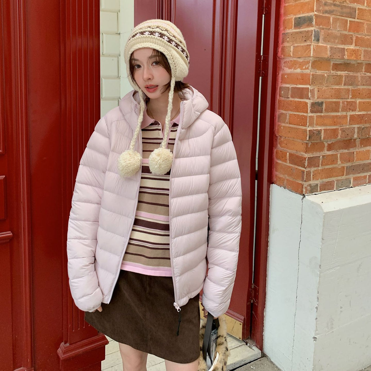 Women's down jacket with hood, quilted, warm