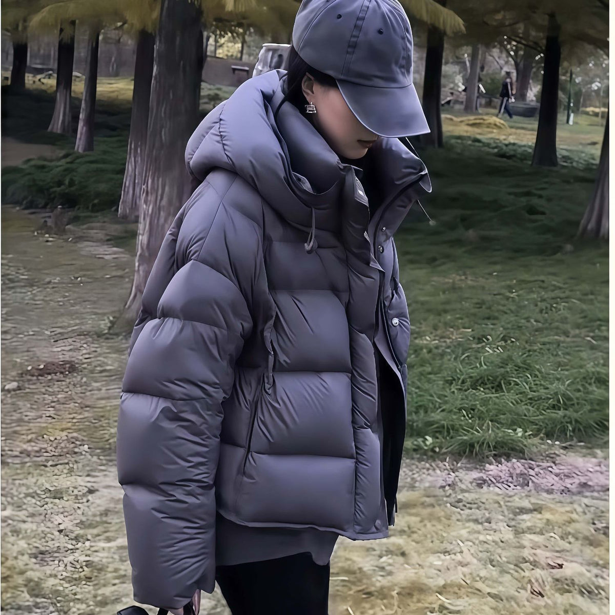Short women's down jacket with hood, white duck down