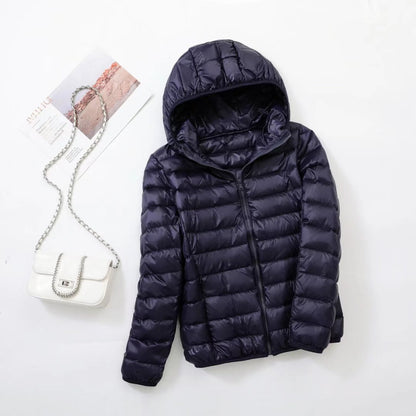 Light women's down jacket with hood, slim fit