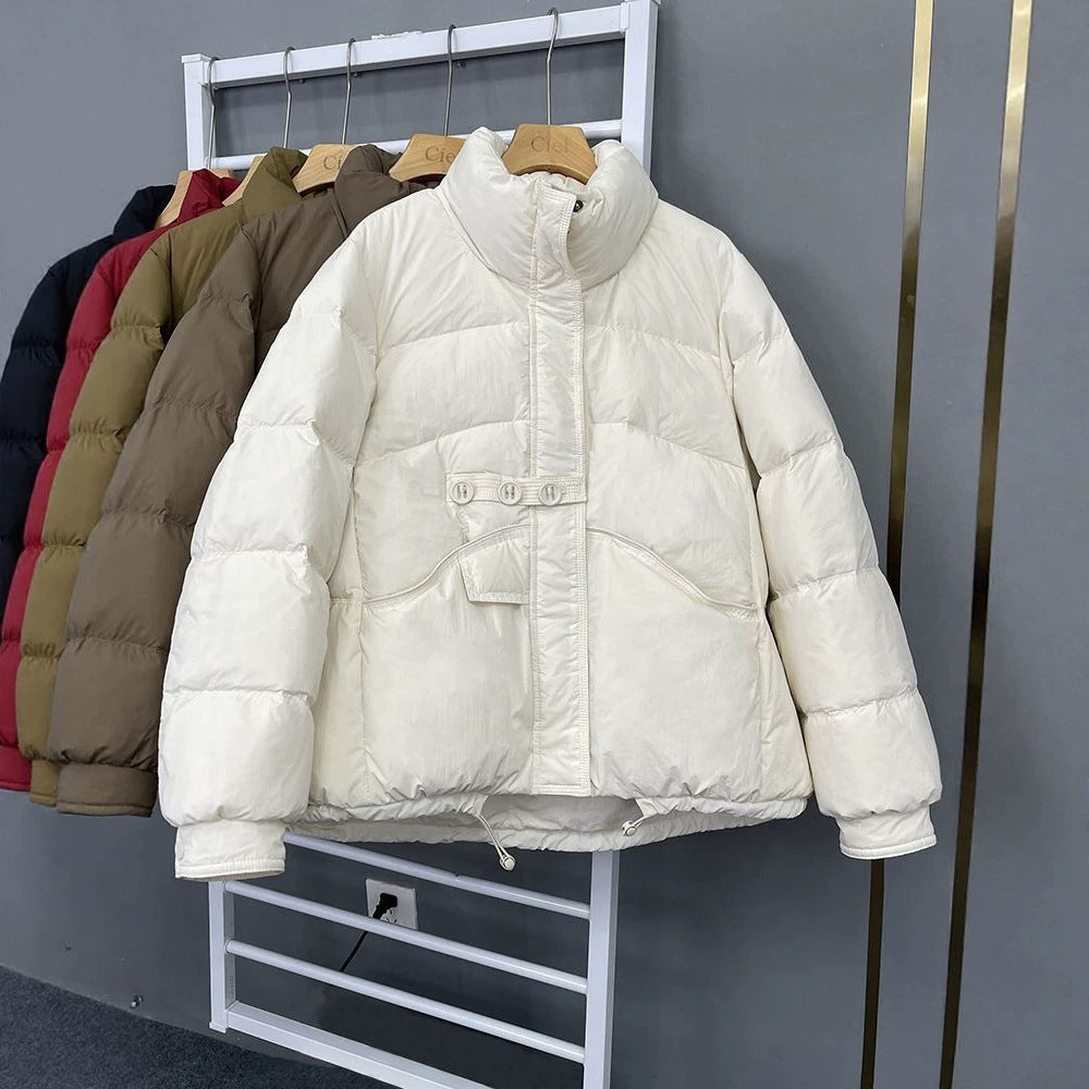 Short women's down jacket, stand-up collar, white duck down