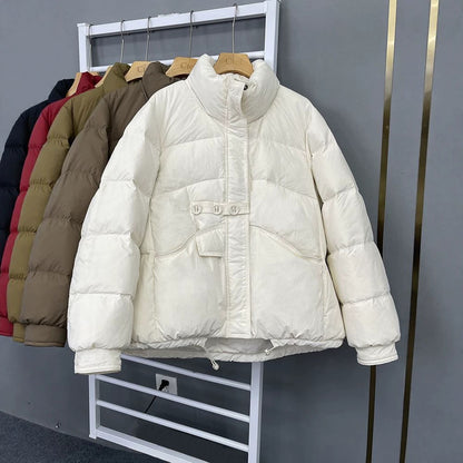 Short women's down jacket, stand-up collar, white duck down