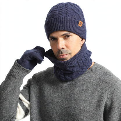 Knit set for men: beanie, scarf, and gloves