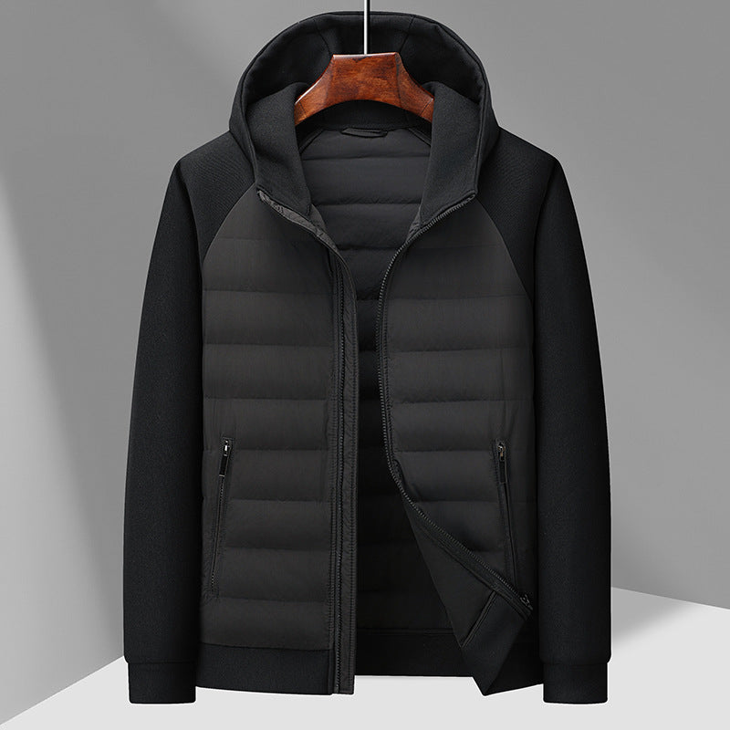 Men's down jacket with knit details and stand-up collar