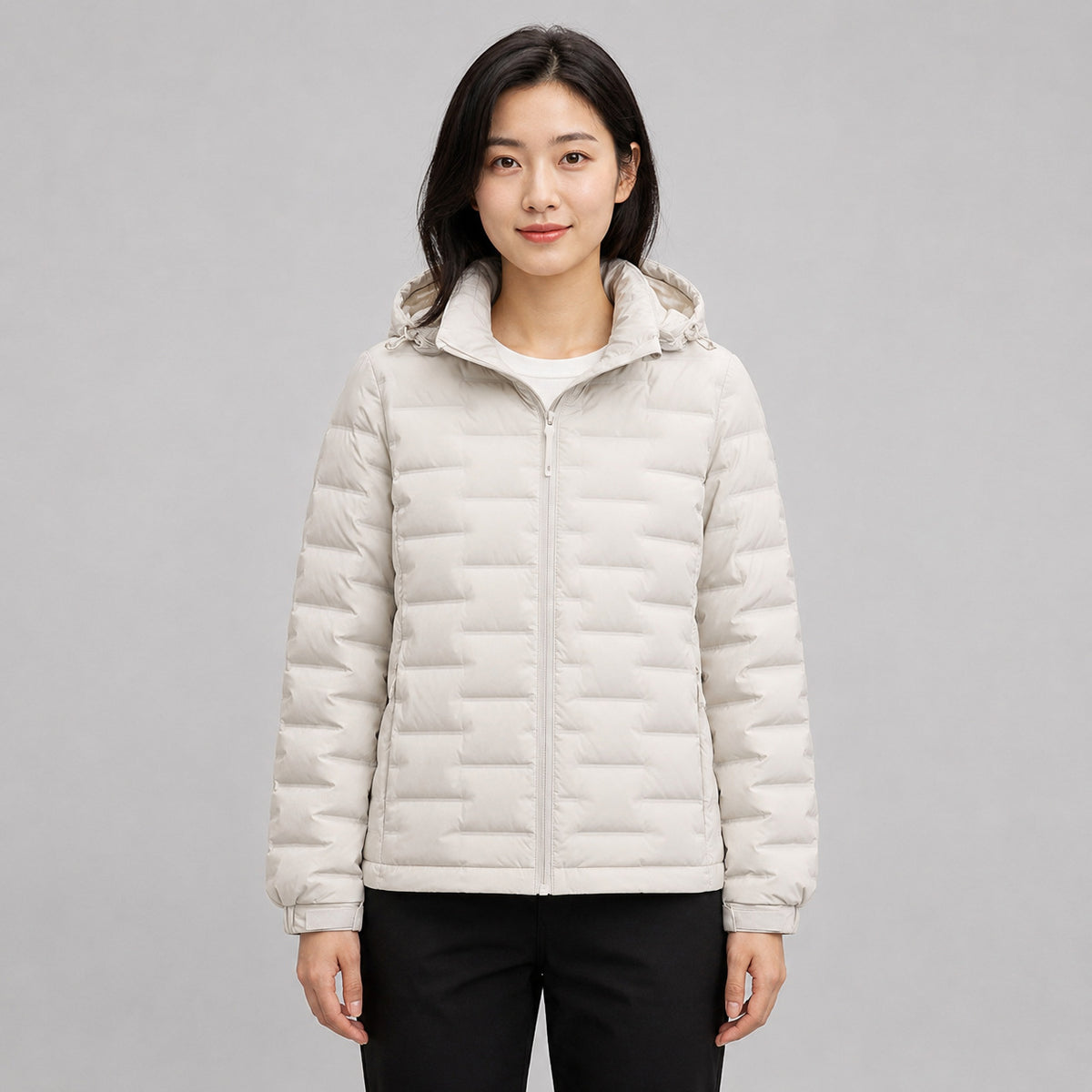 Light women's down jacket with hood, short