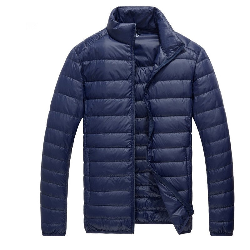 Men's down jacket, lightweight, with storage bag
