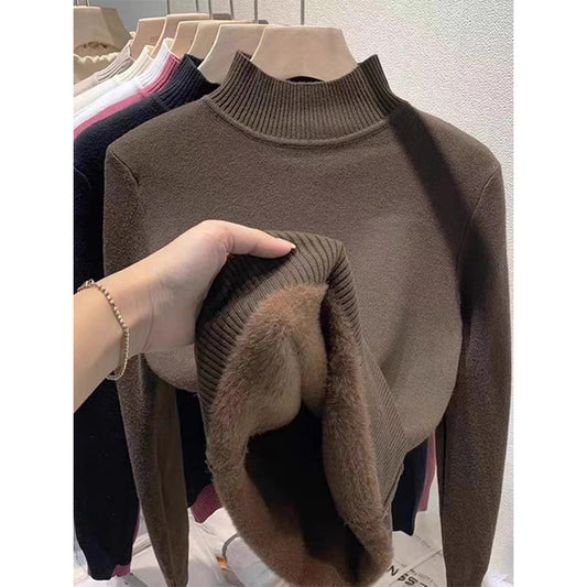 Padded women's knit sweater with high collar