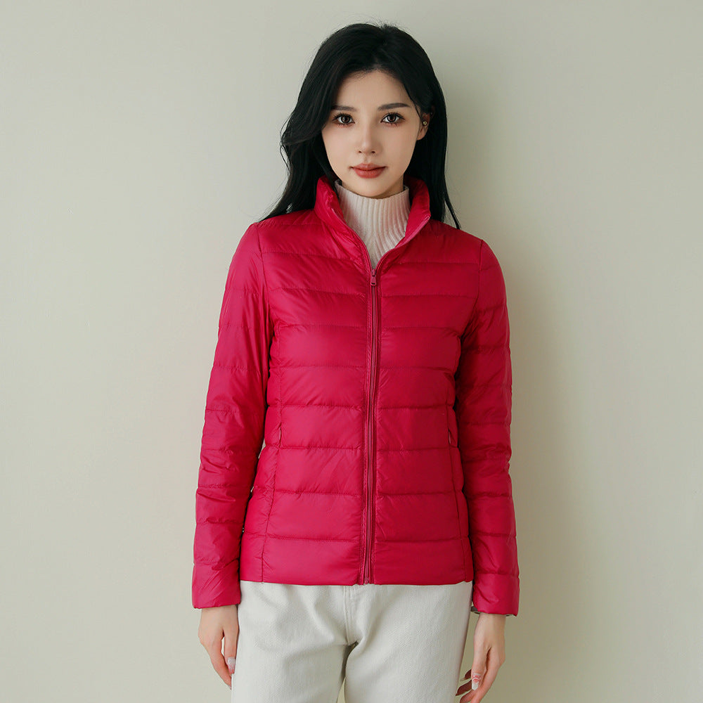 Light women's down jacket with stand-up collar