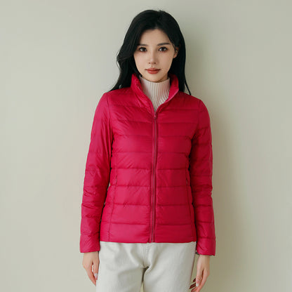 Light women's down jacket with stand-up collar
