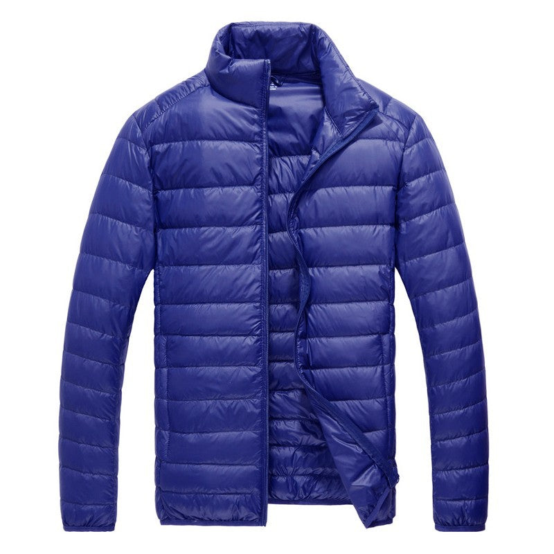 Men's down jacket, lightweight, with storage bag