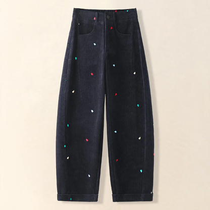 Women's corduroy pants, high-waisted, embroidered