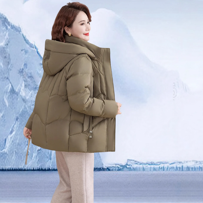 Short women's down jacket with goose down
