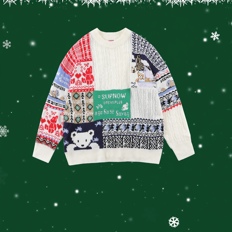 Retro knitted sweater with cable pattern and bear design