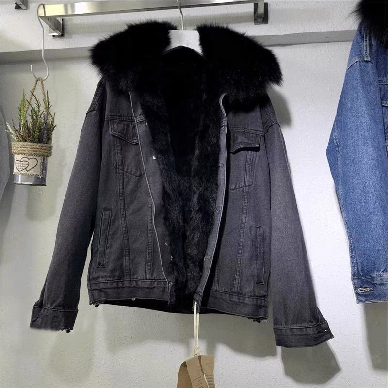 Short denim jacket for women with warm interior lining