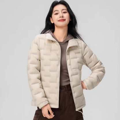 Short women's down jacket with stand-up collar, white duck down