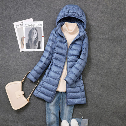 Women's down coat, mid-length, with removable hood
