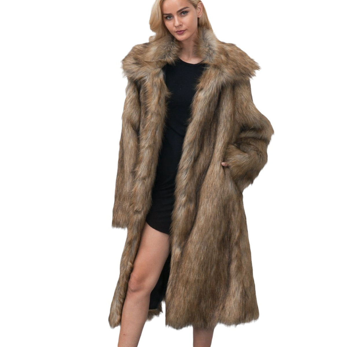 Long women's faux fur coat with square neckline