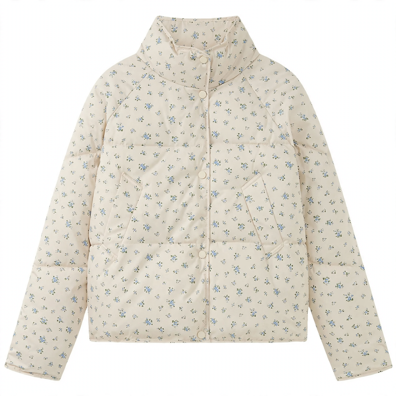Short women's quilted jacket with floral pattern, oversized fit