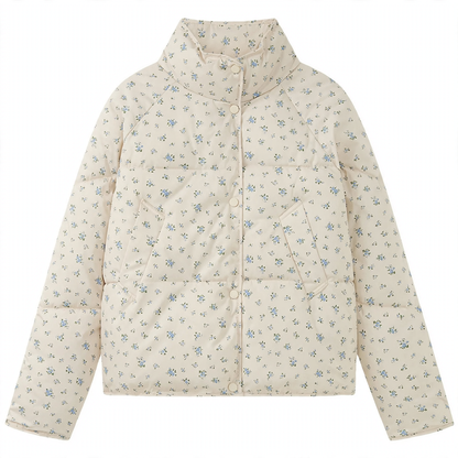 Short women's quilted jacket with floral pattern, oversized fit