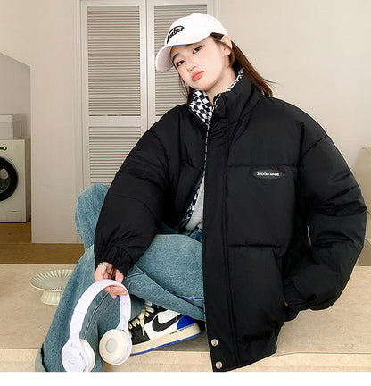 Loose, padded winter jacket with stand-up collar