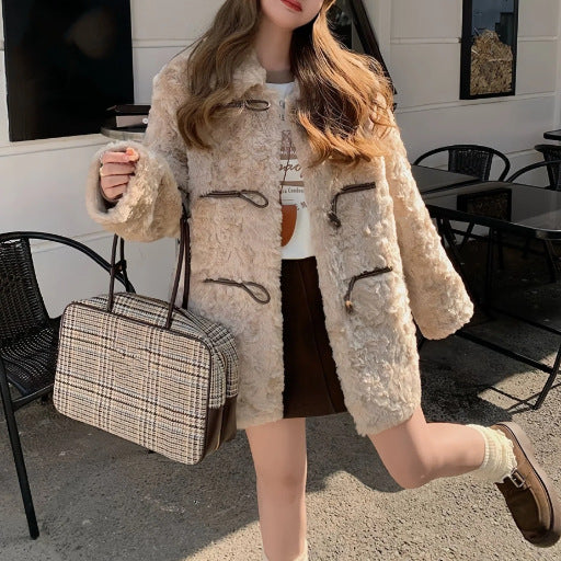 Loose faux fur coat with toggle buttons