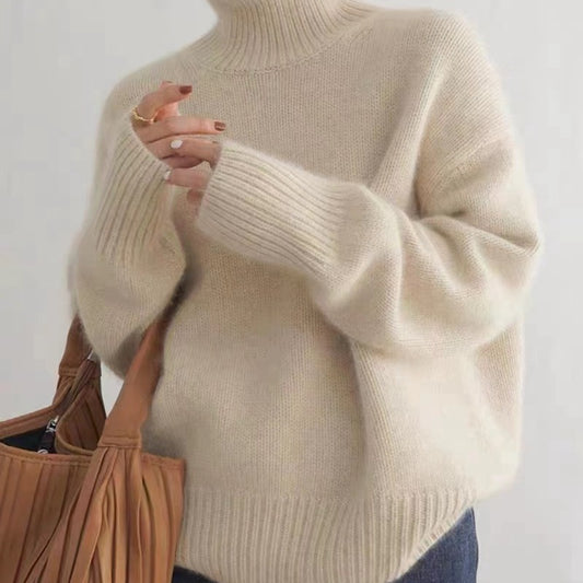 Women's wool sweater, high collar, loose fit