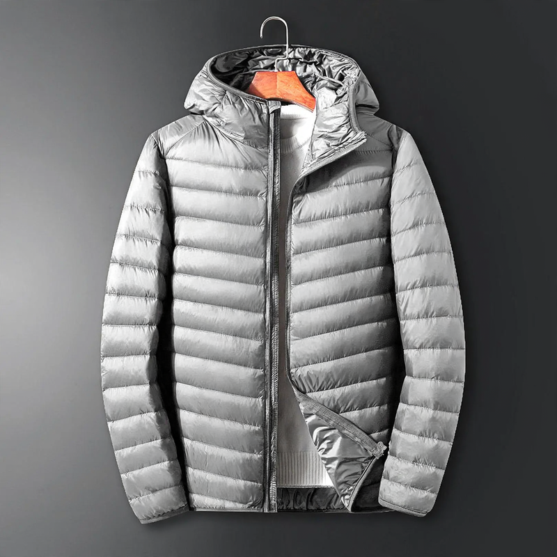 Lightweight men's down jacket with hood, white duck down lining