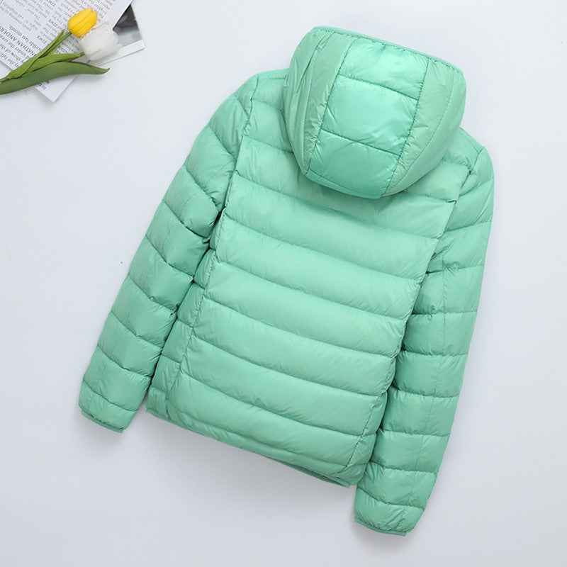 Light women's padded jacket, short, with hood