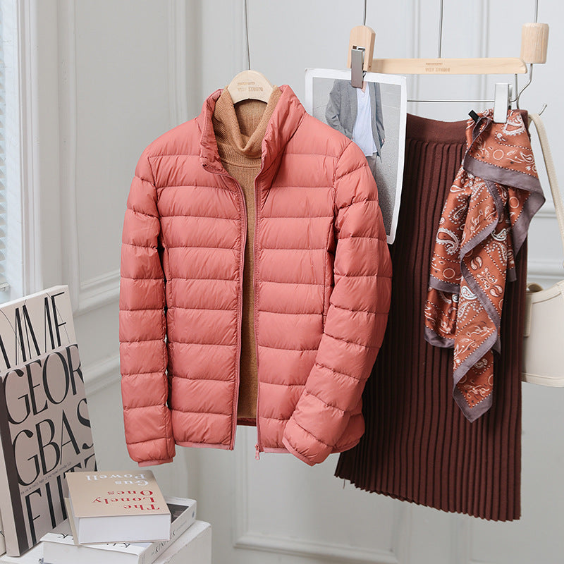Light women's down jacket, stand-up collar, 90% duck down