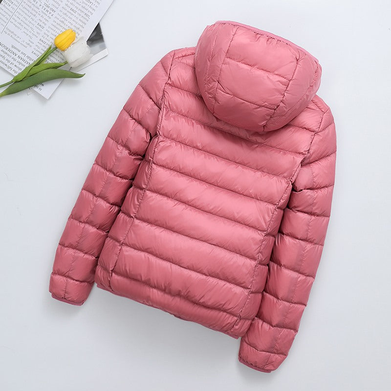 Light women's padded jacket, short, with hood