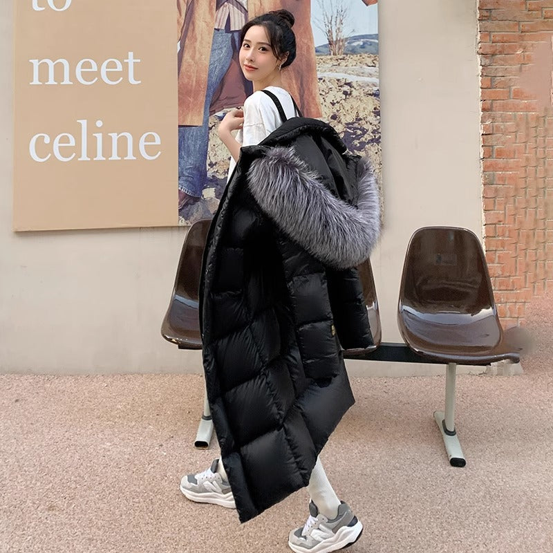 Long women's down coat with fox fur collar