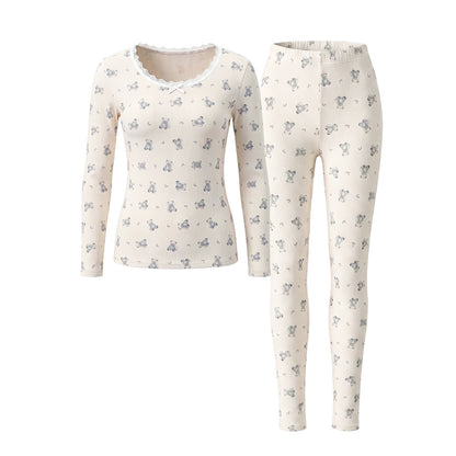 Women's Thermal Set, Cotton, Crew Neck, Printed