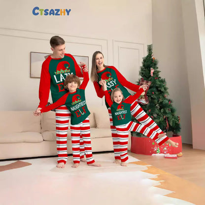 Family pajamas set, festive design, striped