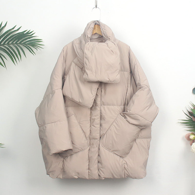 Women's down coat with scarf, medium length, loose fit
